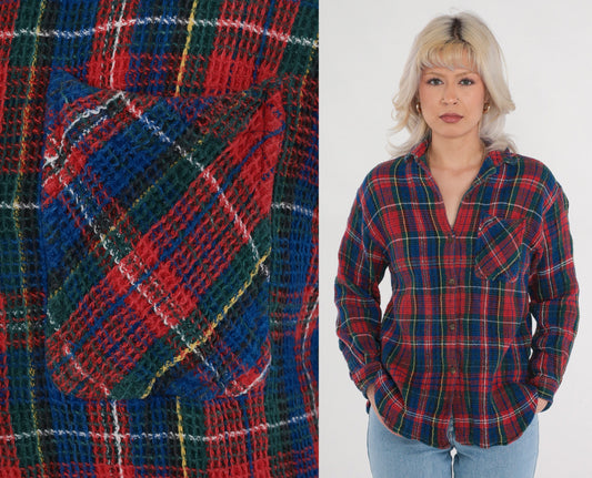 90s Boom Clothing Plaid Button Up Blouse Blue Red Checkered Cotton Small S