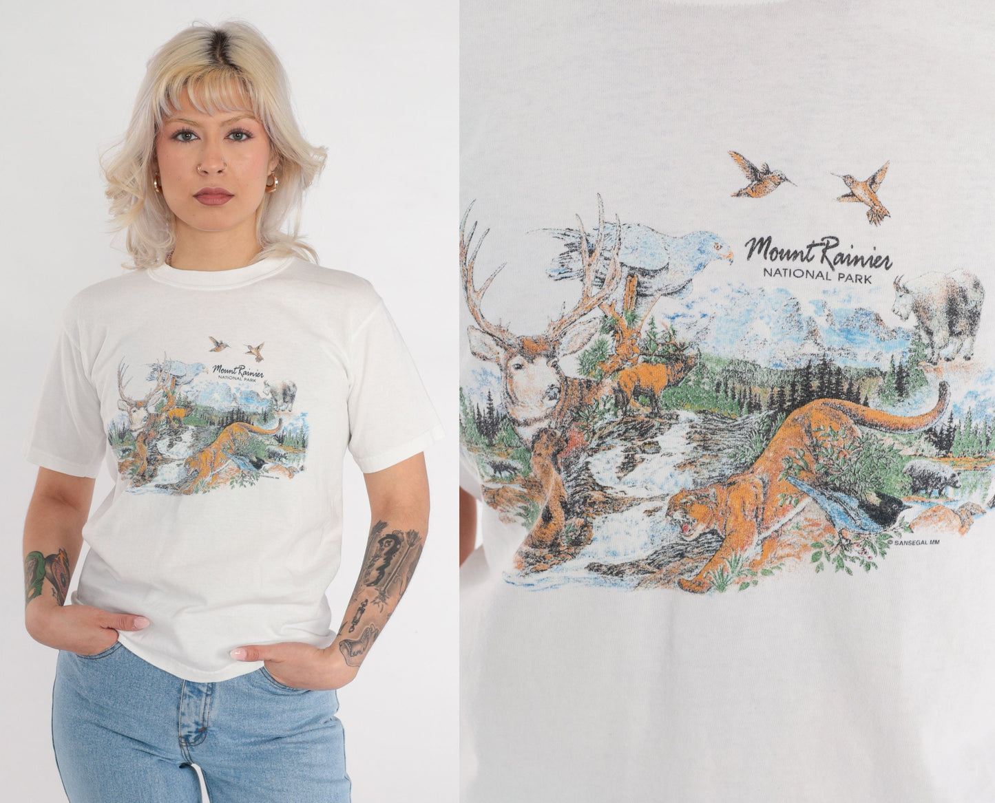 90s Mount Rainier National Park Wildlife Graphic T-Shirt White Extra Small