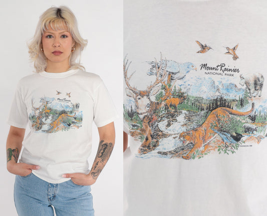 90s Mount Rainier National Park Wildlife Graphic T-Shirt White Extra Small