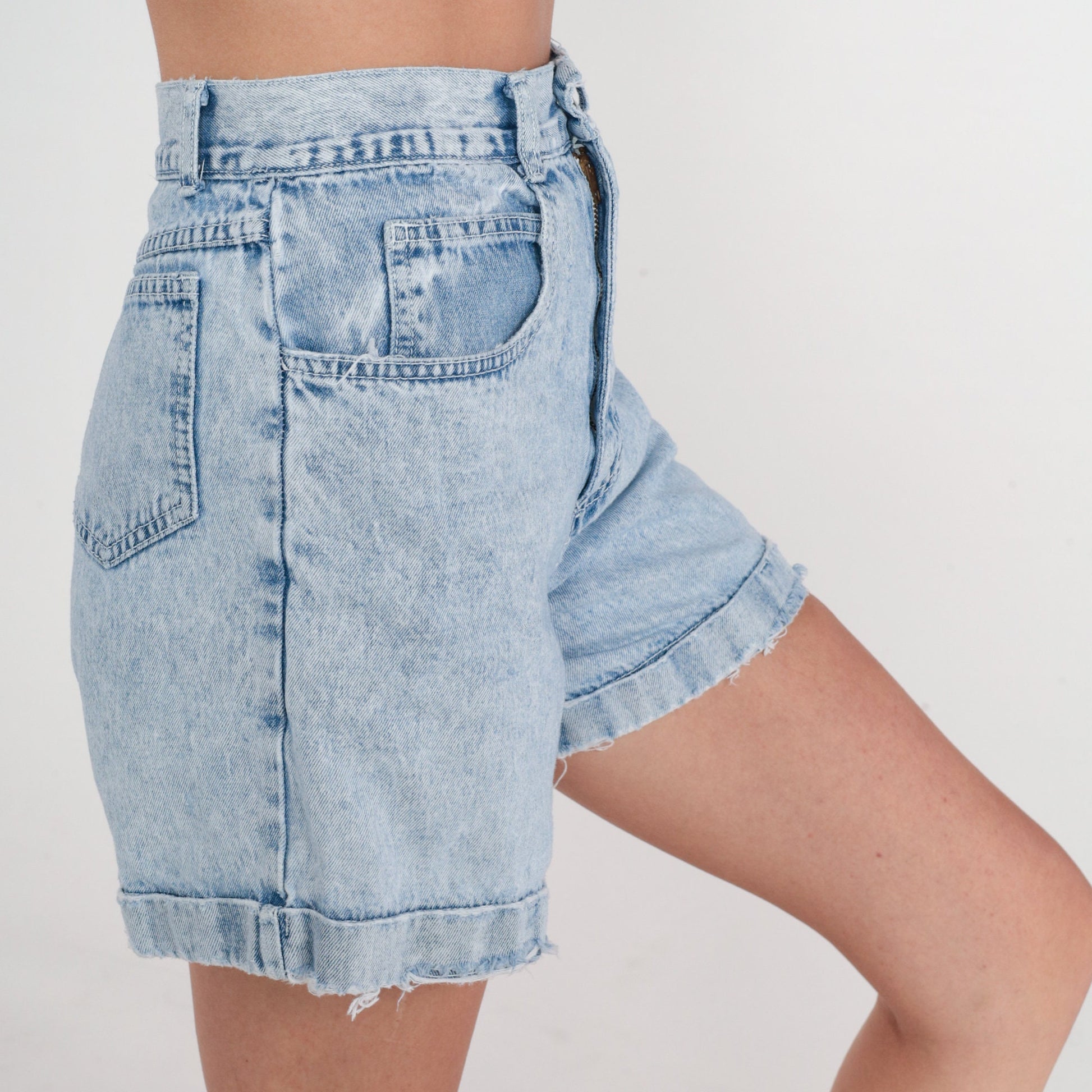 90s Stone Wash Denim Shorts High Waist Cuffed Jean Shorts Light Blue Distressed Extra Small XS