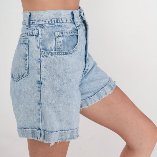 90s Stone Wash Denim Shorts High Waist Cuffed Jean Shorts Light Blue Distressed Extra Small XS