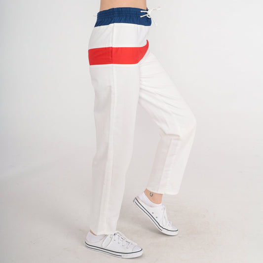 80s White Striped Track Pants Red Blue Elastic Waist Extra Small XS
