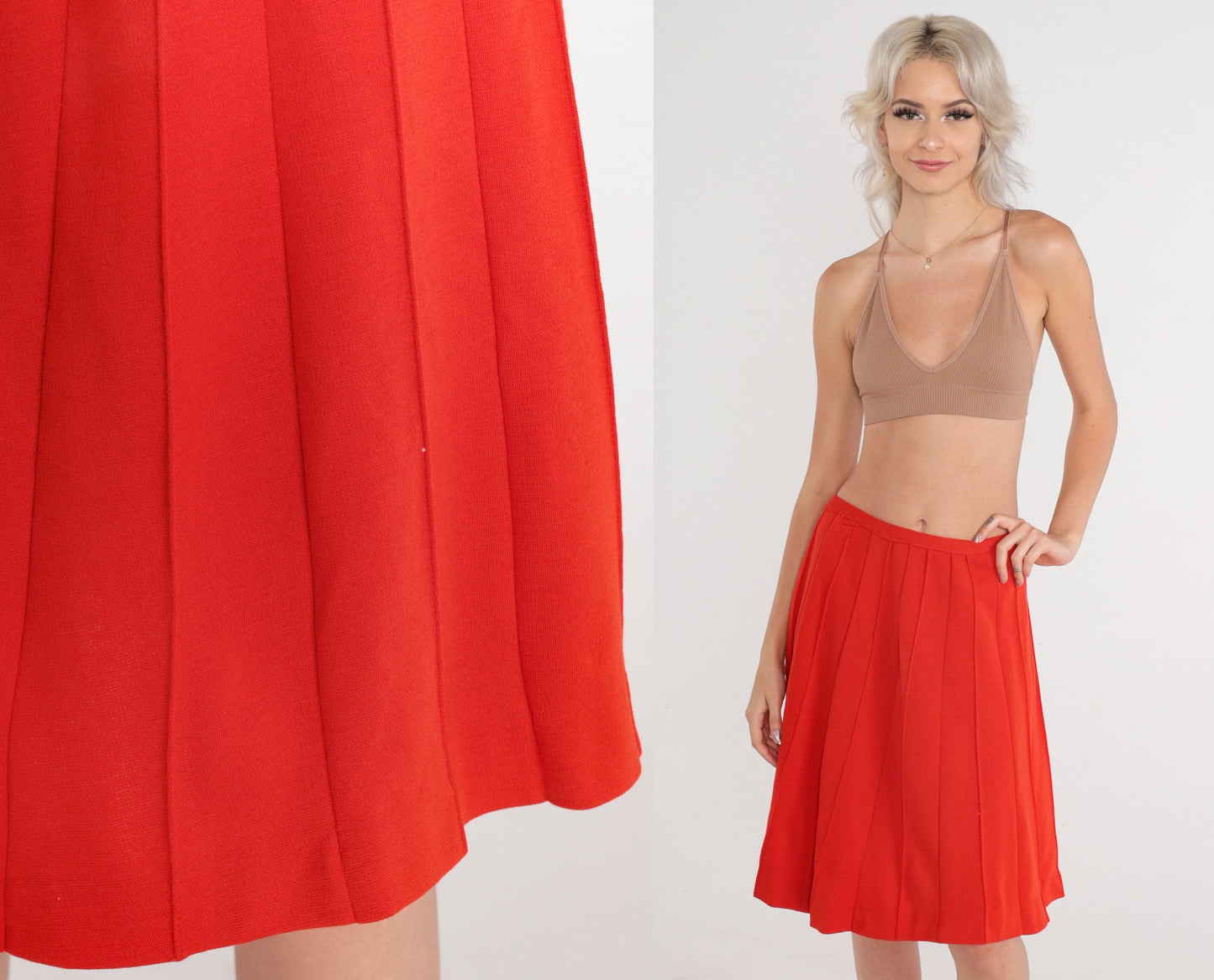 70s Red Pleated High-Waist Skirt Wool Blend Mini Small S