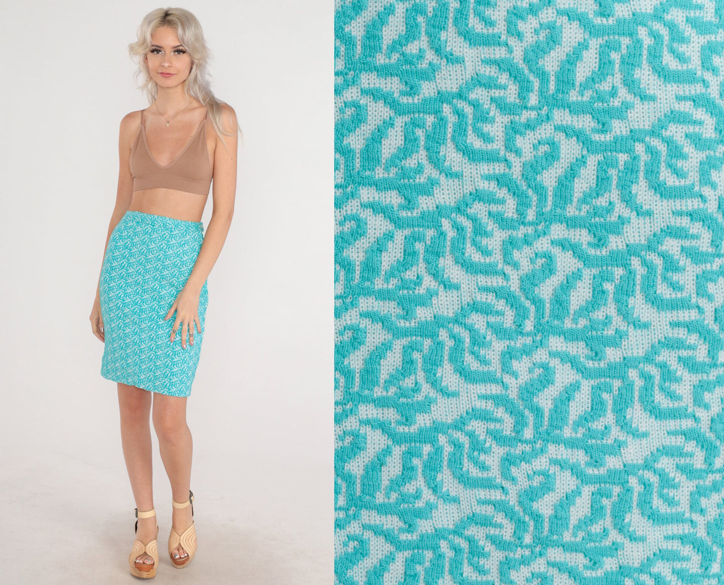 60s Bright Blue Floral Mini Skirt High Waisted Pencil Knit Extra Small