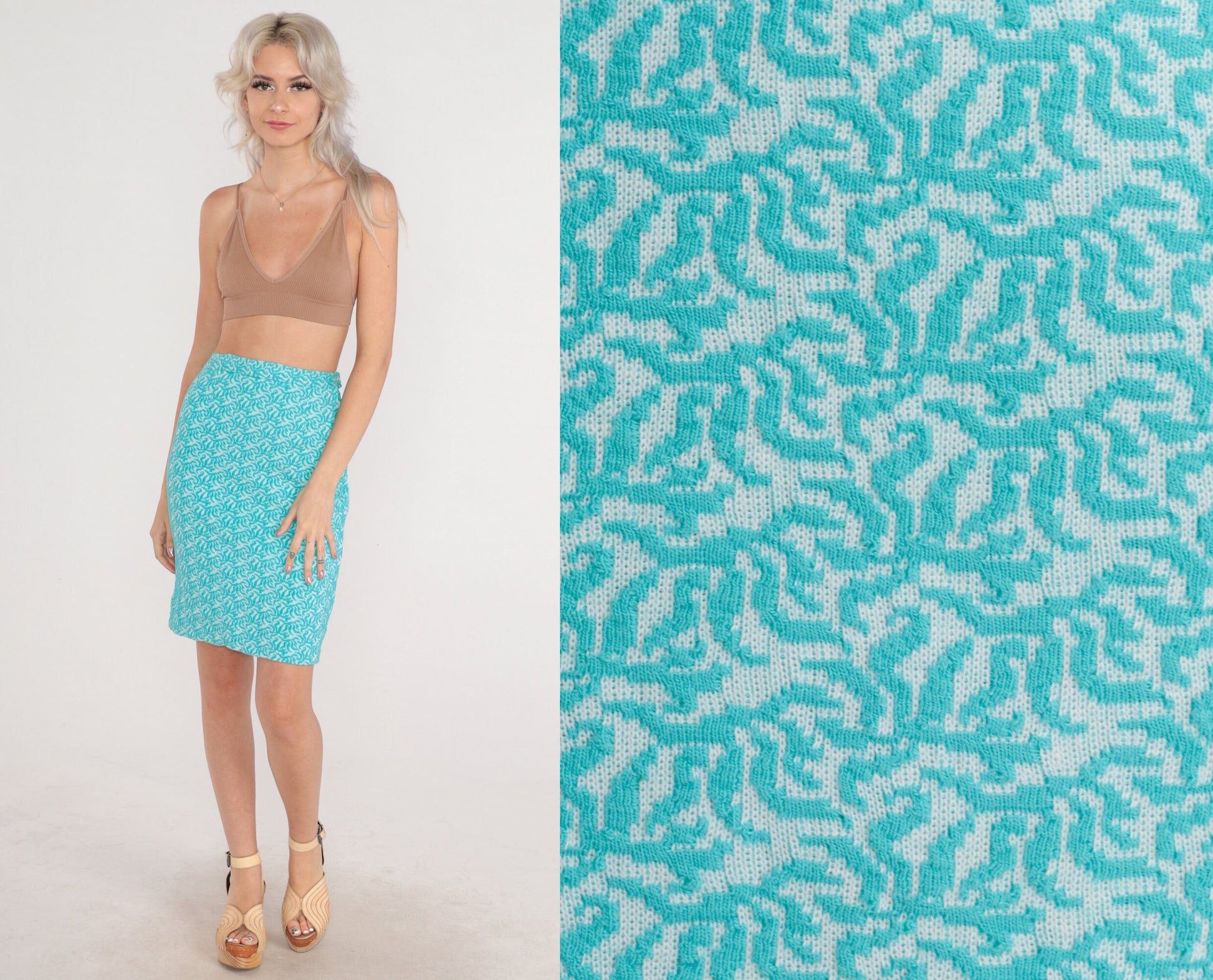60s Bright Blue Floral Mini Skirt High Waisted Pencil Knit Extra Small