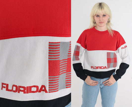 80s Florida Sweatshirt Color Block Raglan Crewneck Red White Black Large L