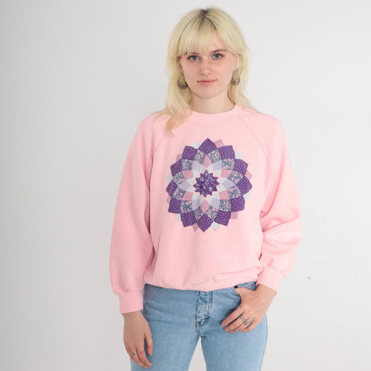 80s Quilted Floral Mandala Sweatshirt Baby Pink Raglan Crewneck Large