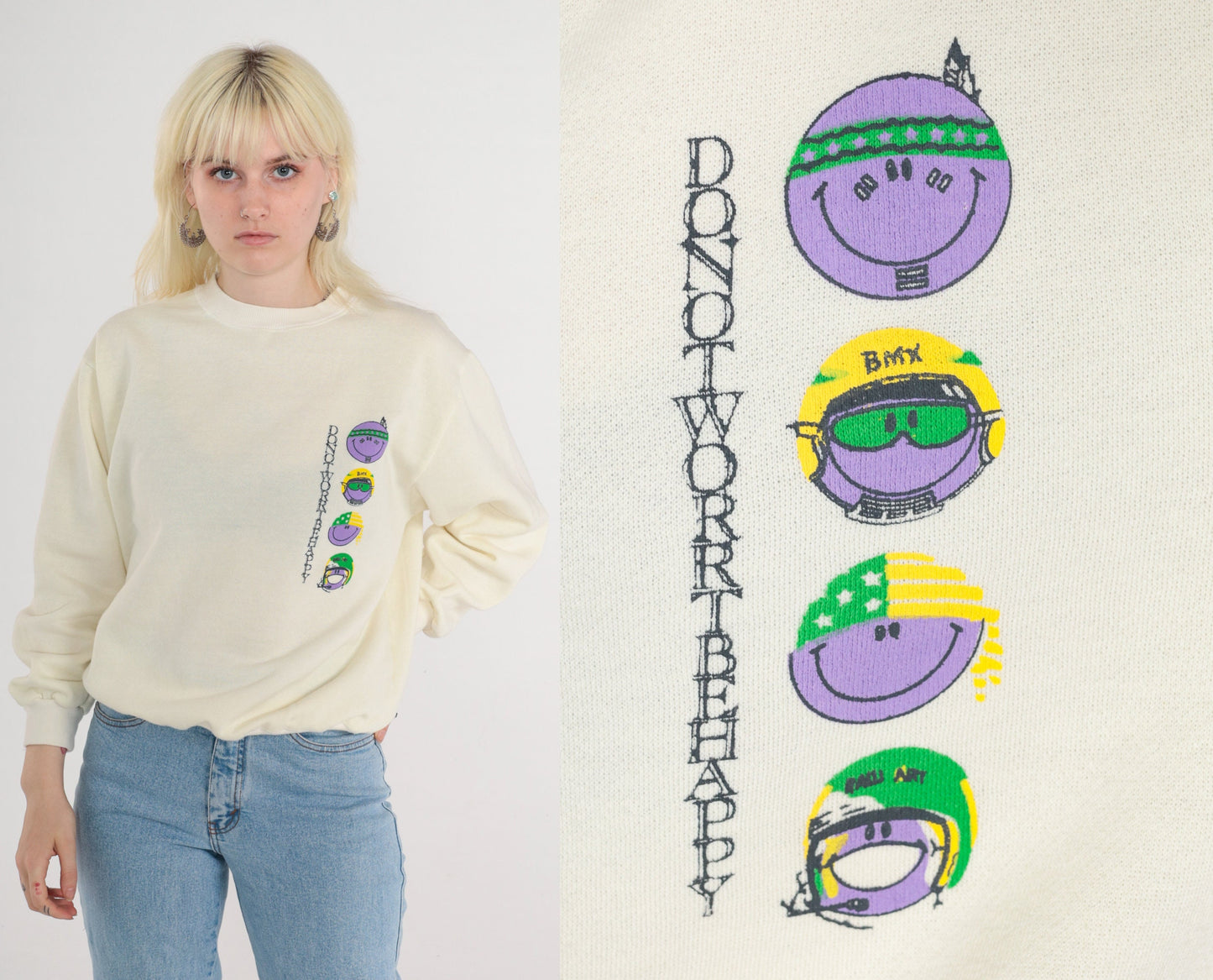 80s Smiley Face Don't Worry Be Happy Sweatshirt Cream Graphic Crewneck Large