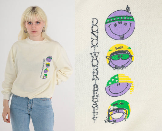 80s Smiley Face Don't Worry Be Happy Sweatshirt Cream Graphic Crewneck Large