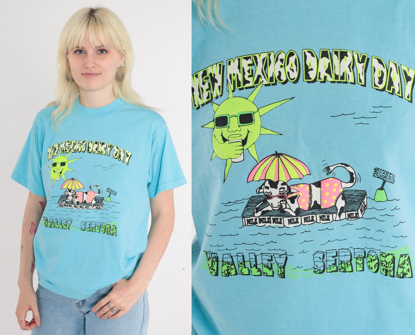 90s New Mexico Dairy Day Sertoma Graphic T-Shirt Blue Single Stitch Medium
