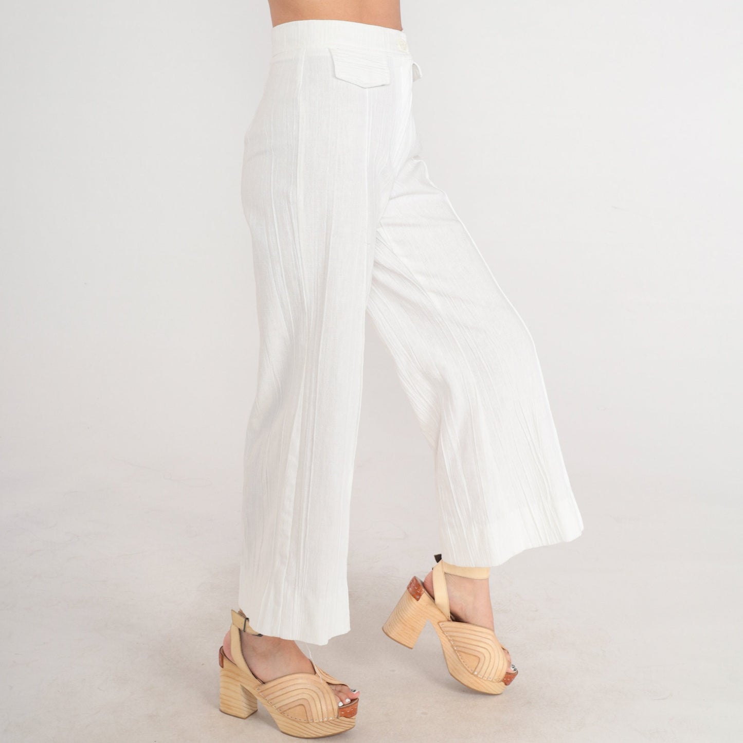 70s White Crinkled High-Rise Wide-Leg Trousers Pleated Straight Leg XS