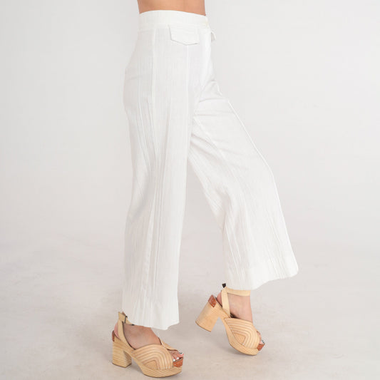70s White Crinkled High-Rise Wide-Leg Trousers Pleated Straight Leg XS