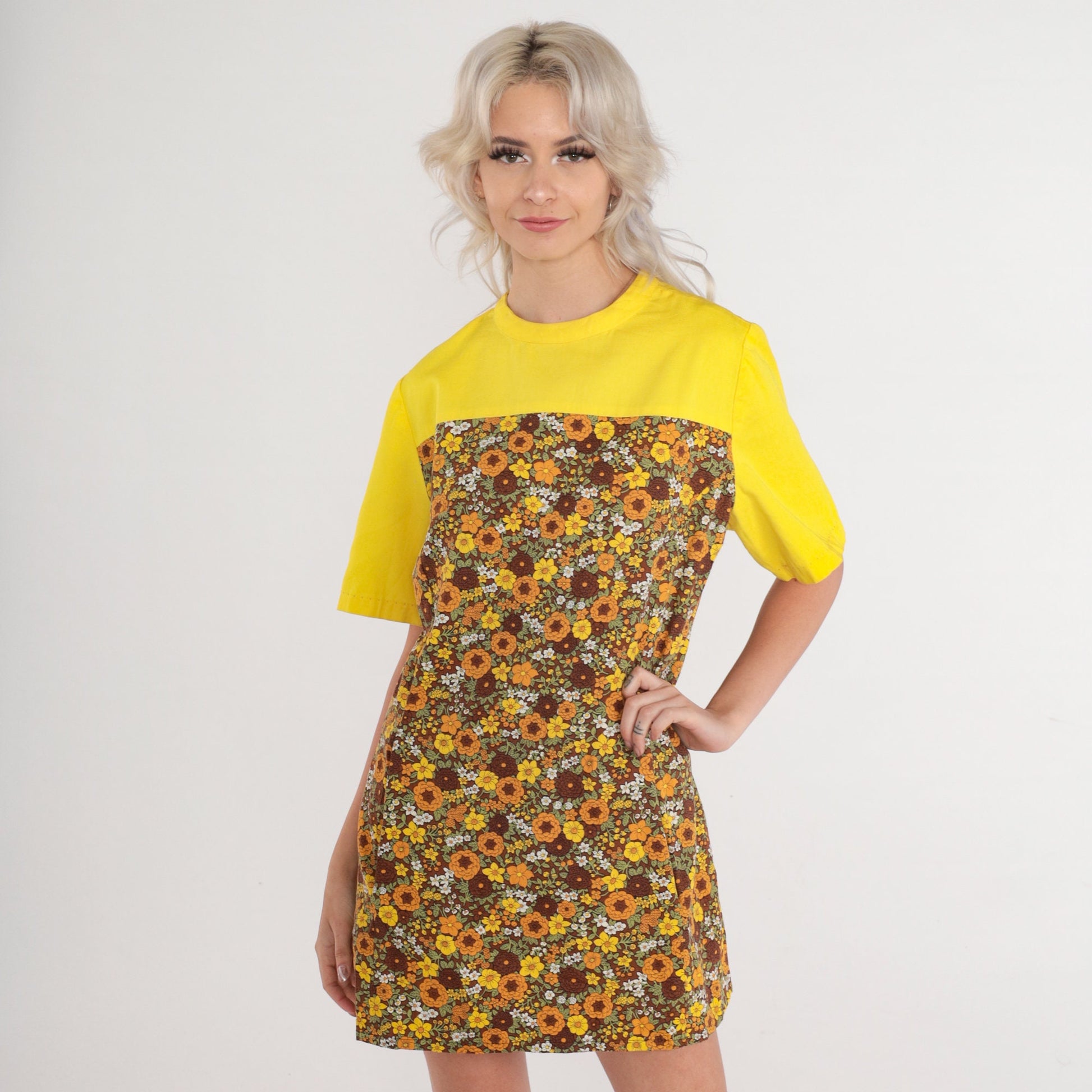 60s Floral Shift Mini Dress Yellow Yoke Short Sleeve Petite Medium