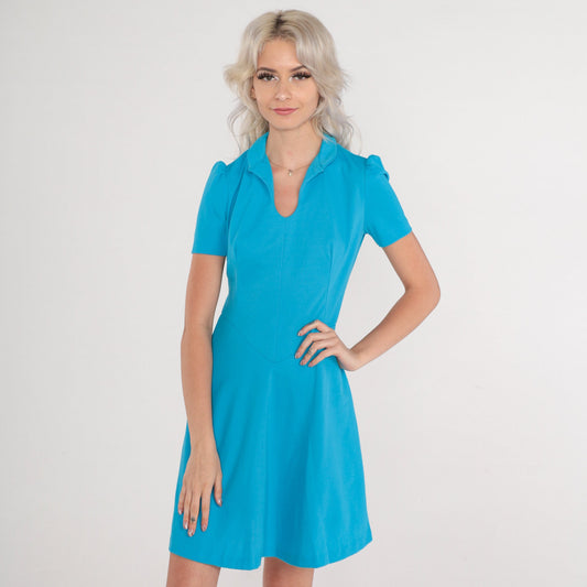 1960s Blue Mini Dress Mod Puff Sleeve Basque Waist Collared V-Neck XS