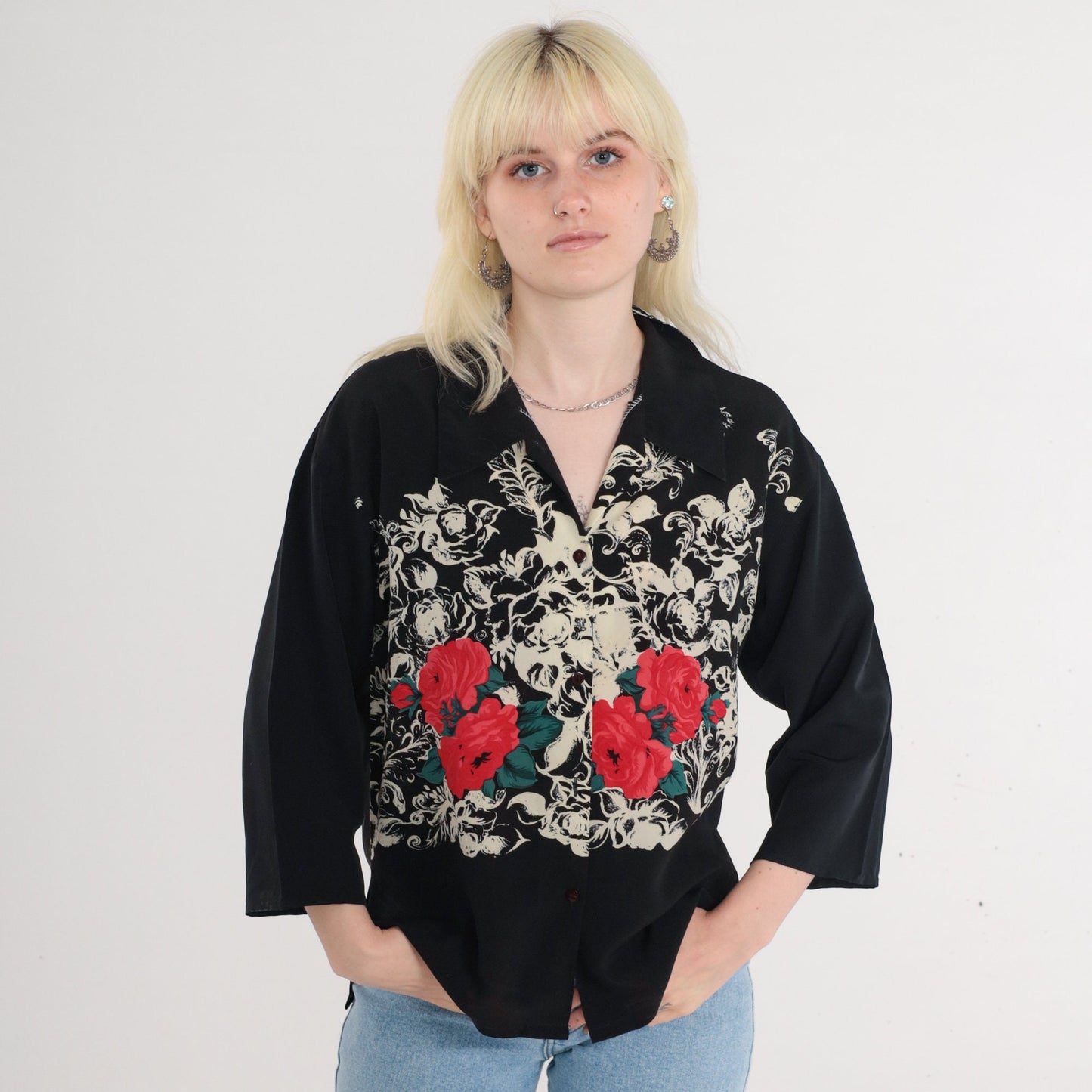 80s Black Floral Rose Print Button-Up Blouse 3/4 Sleeve Collared Medium