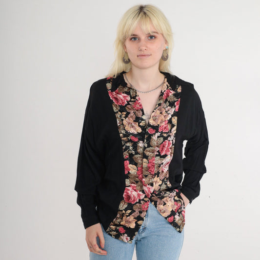 90s Black Rose Floral Button-Up Blouse Long Sleeve Medium