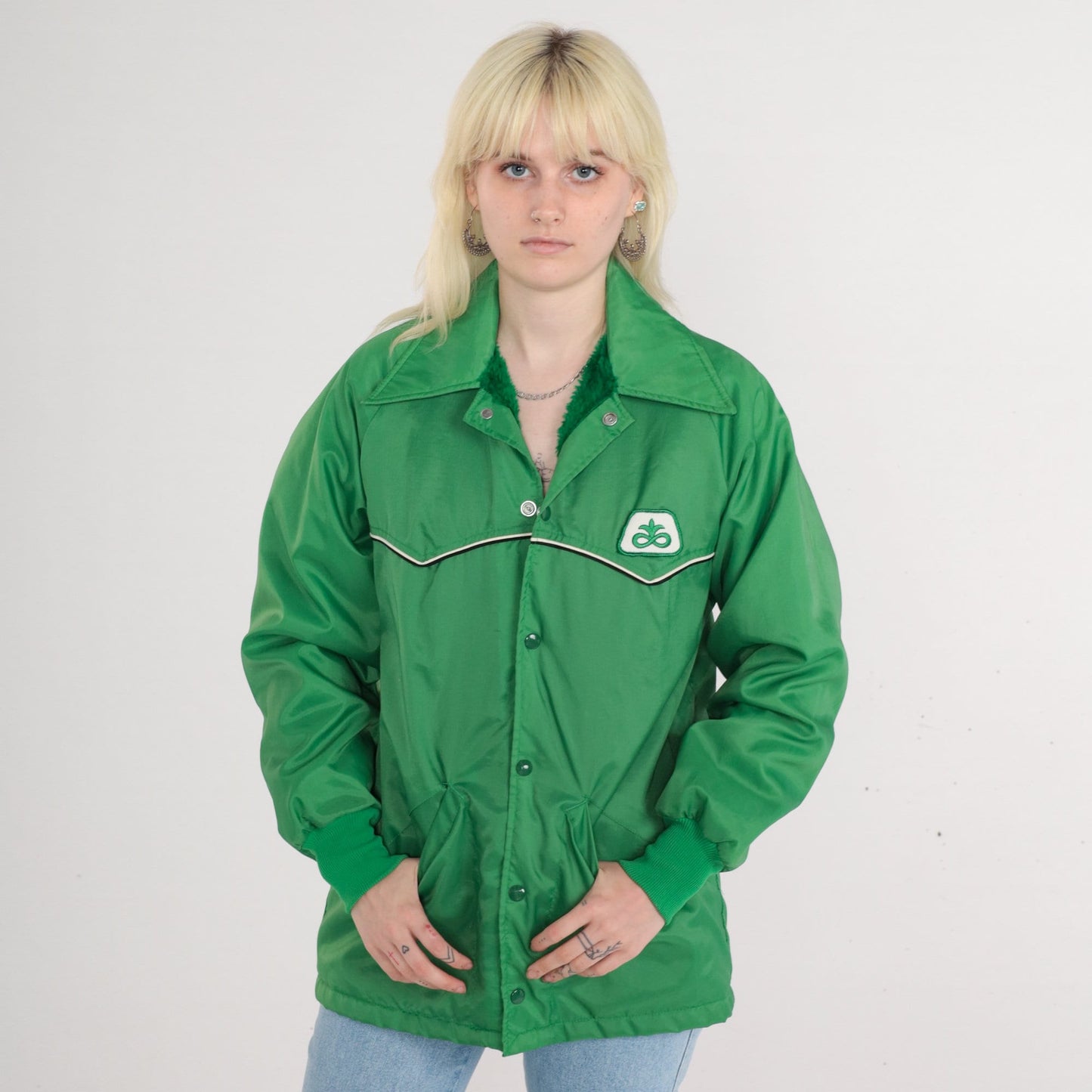 70s Green Windbreaker Jacket Faux Fur Lined Snap Fleur De Lis Medium
