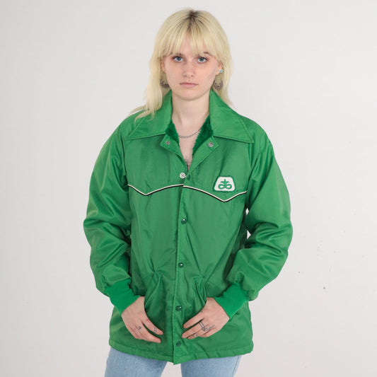 70s Green Windbreaker Jacket Faux Fur Lined Snap Fleur De Lis Medium