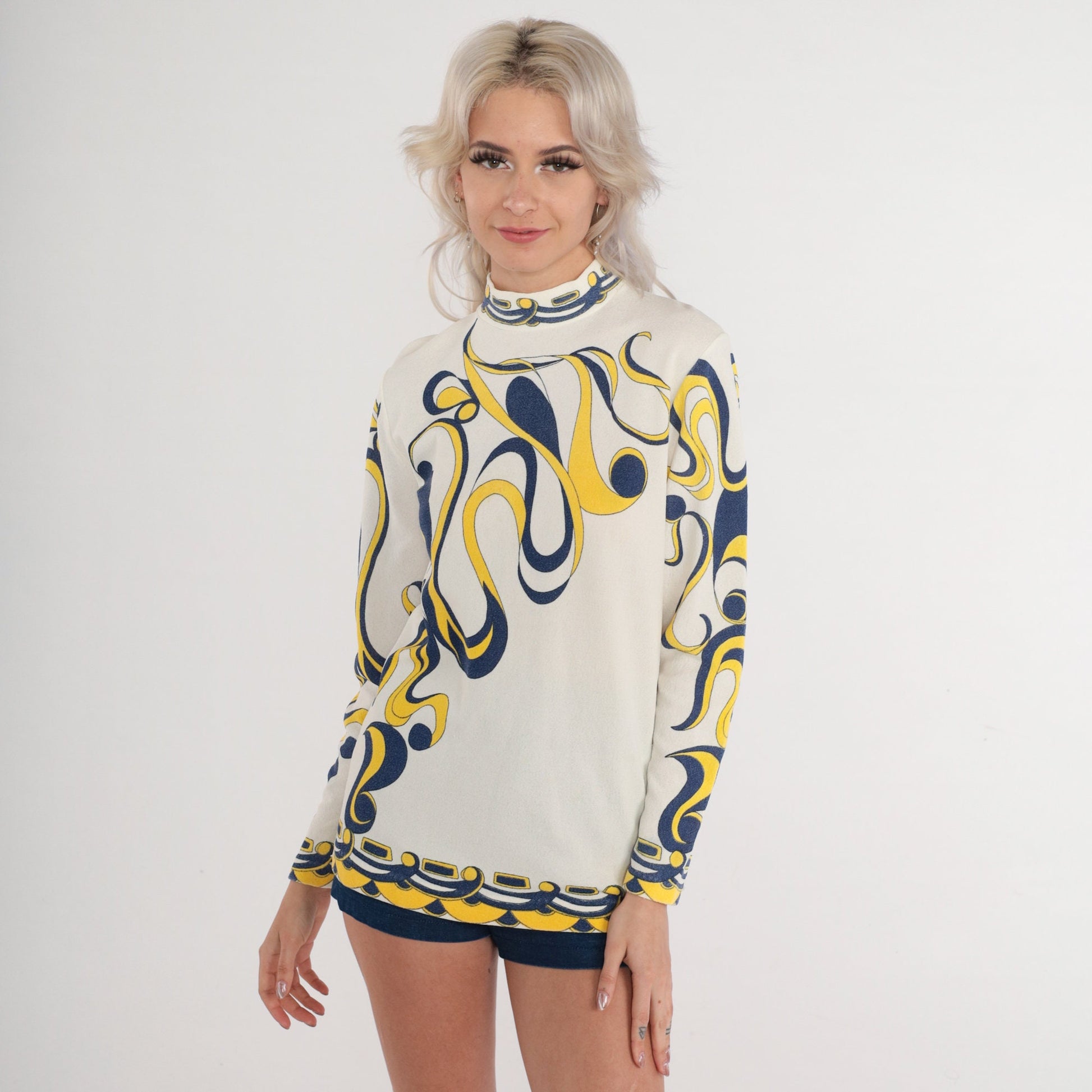 70s Psychedelic Swirl Print Mock Neck Blouse Long Sleeve White Small