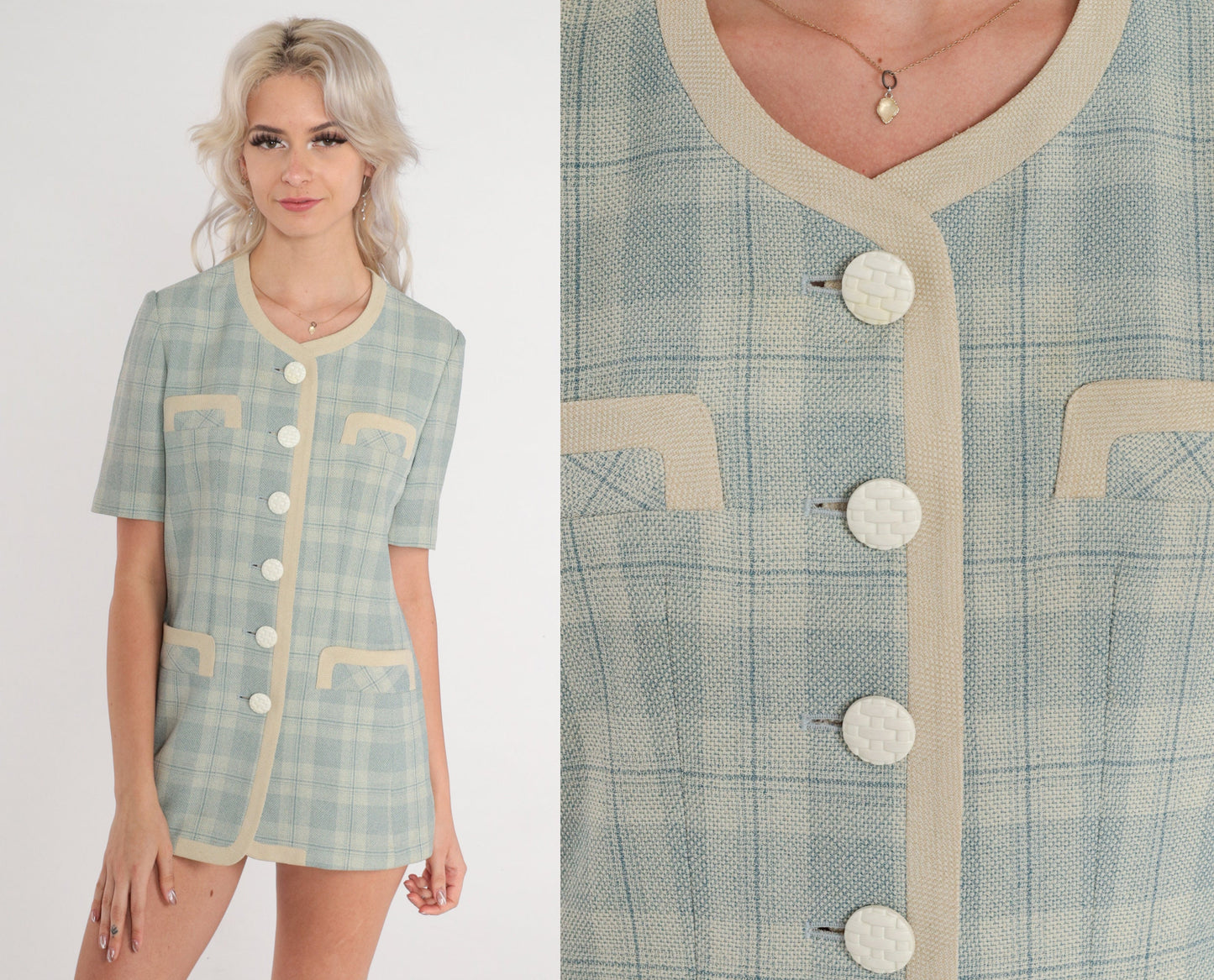 80s Blue Plaid Button-Up Blouse Beige Trim Short Sleeve Extra Small XS