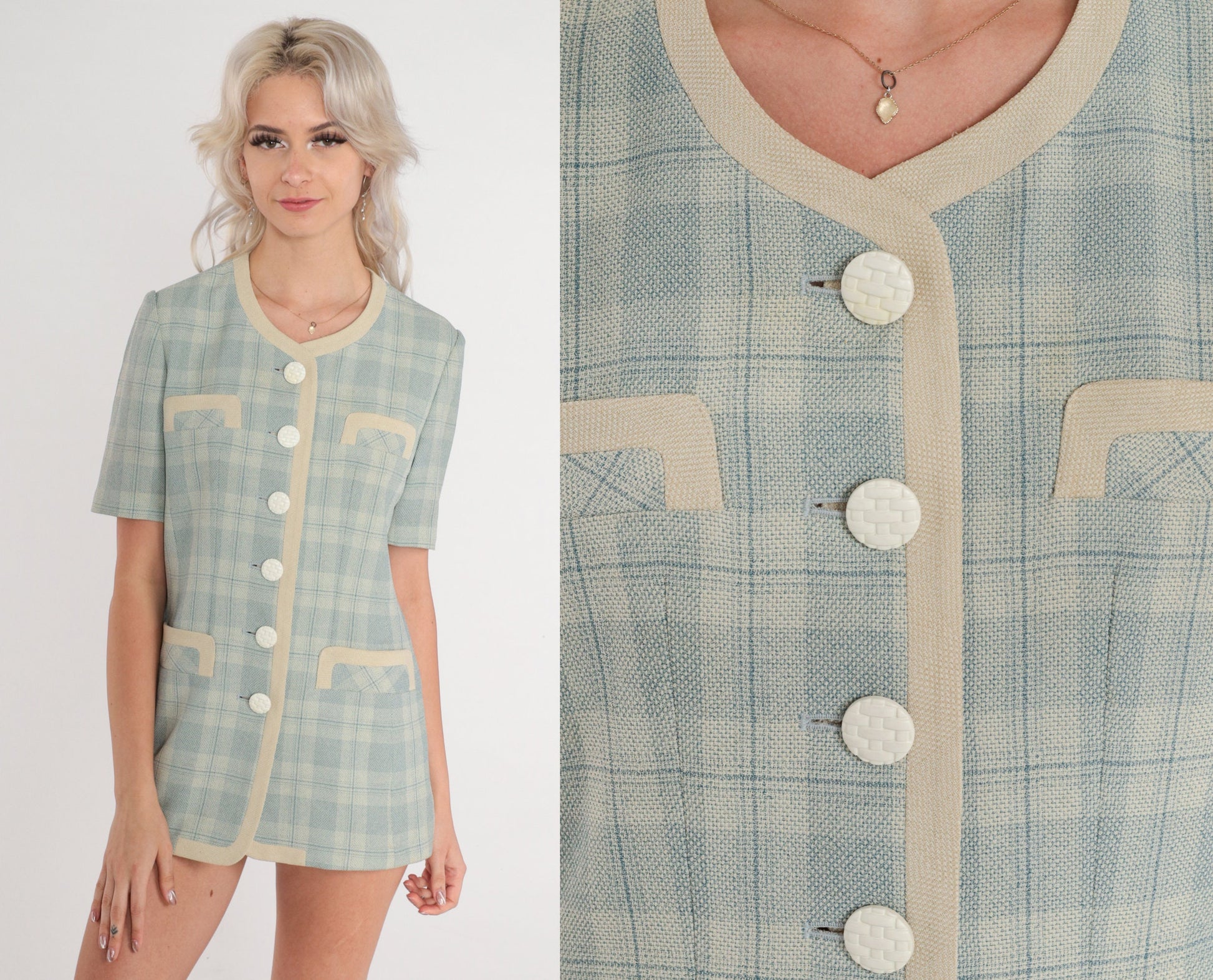 80s Blue Plaid Button-Up Blouse Beige Trim Short Sleeve Extra Small XS