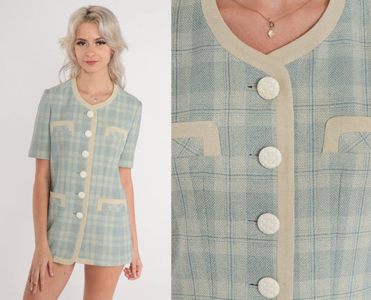 80s Blue Plaid Button-Up Blouse Beige Trim Short Sleeve Extra Small XS