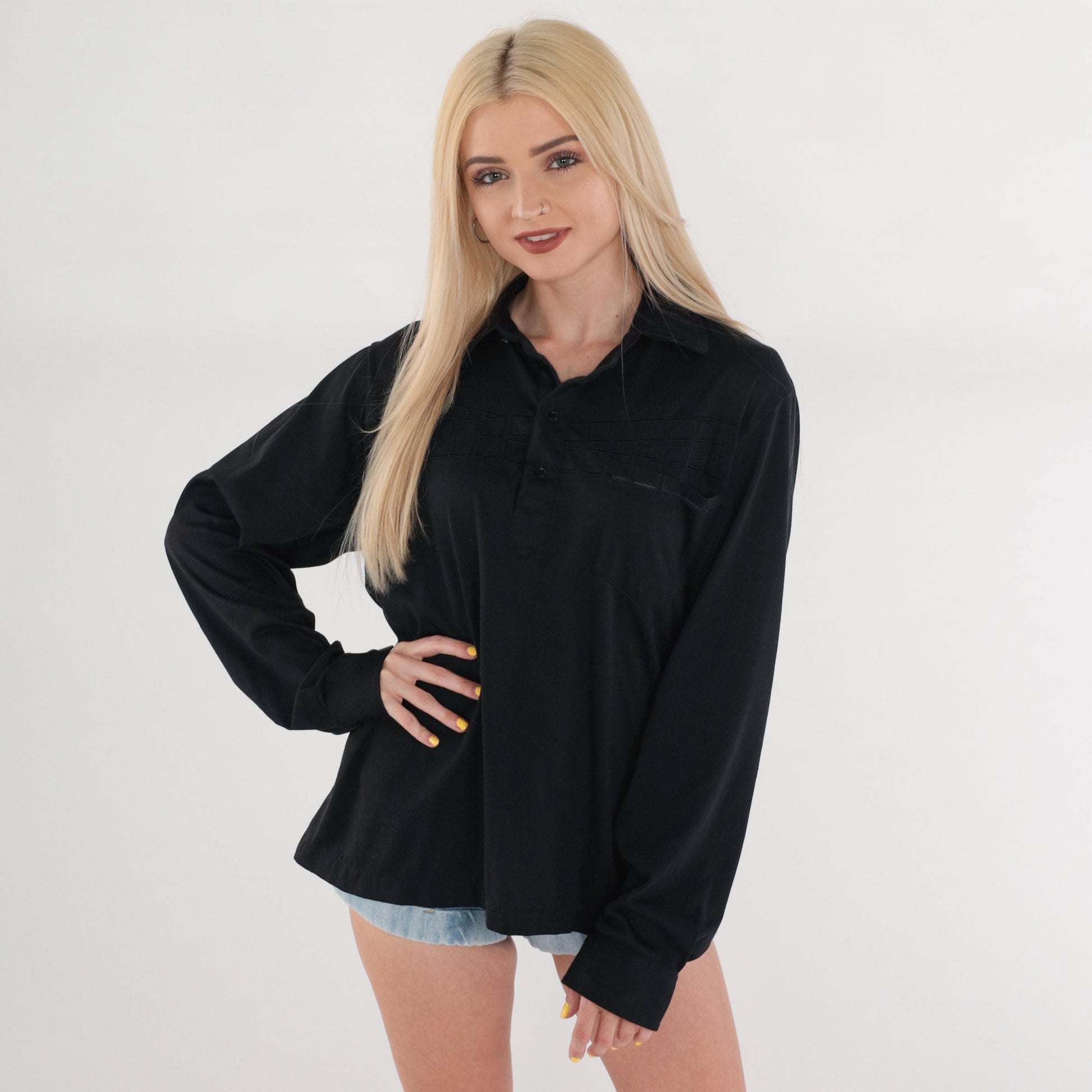 70s Black Polo Shirt Embroidered Square Chest Long Sleeve Collared Large L
