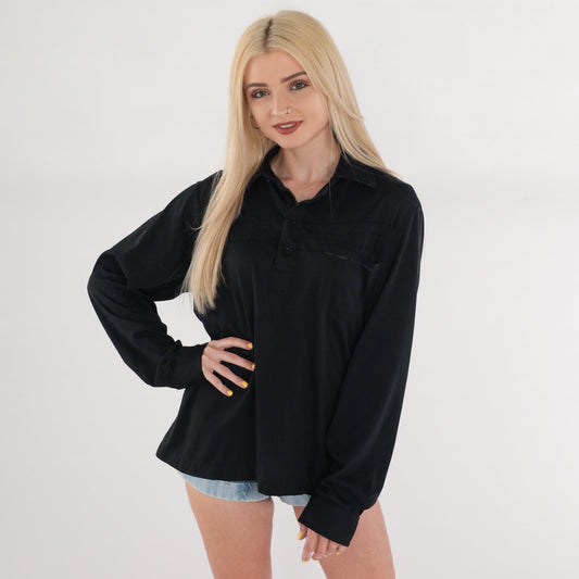 70s Black Polo Shirt Embroidered Square Chest Long Sleeve Collared Large L