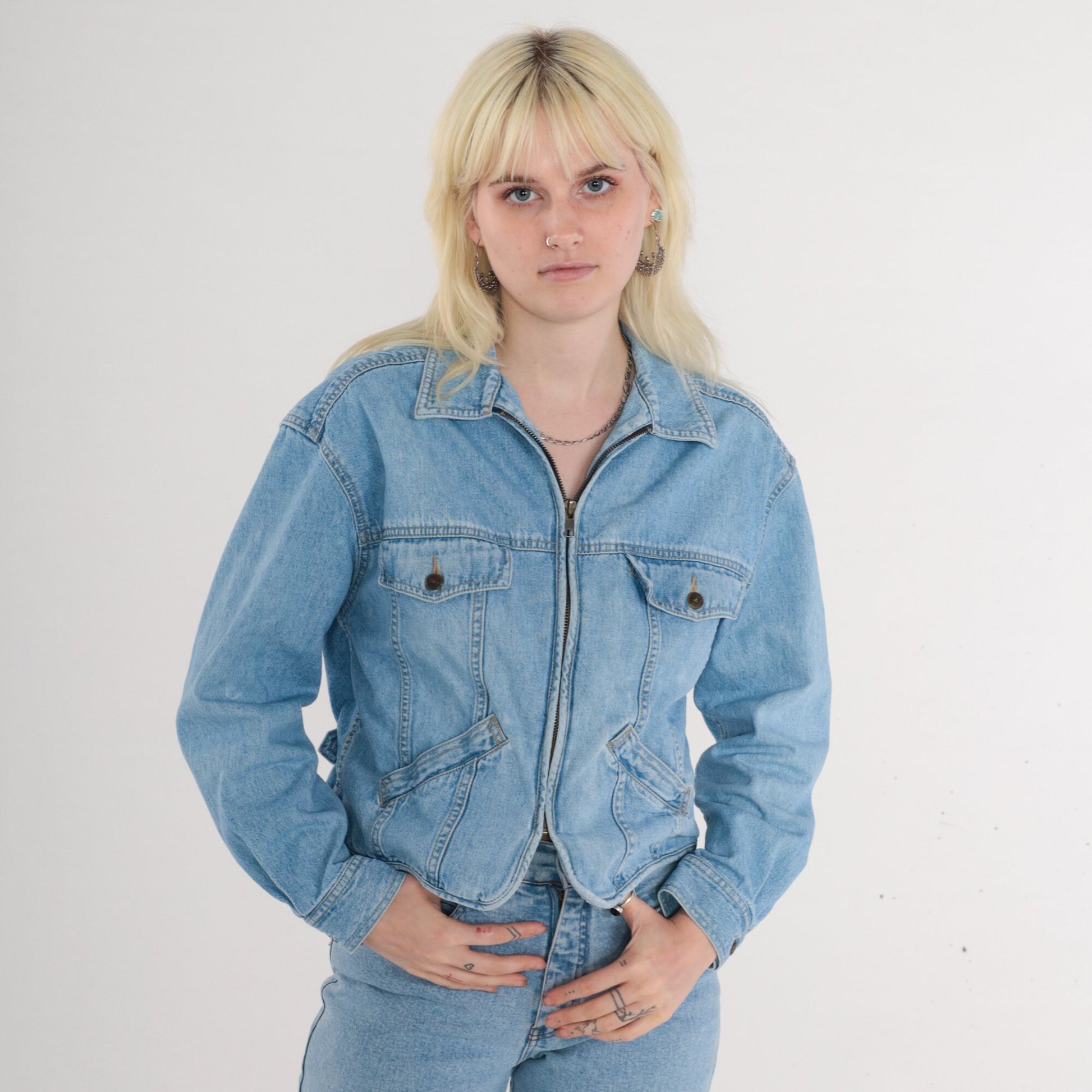 90s Liz Wear Cropped Denim Jacket Blue Zip-Up Medium