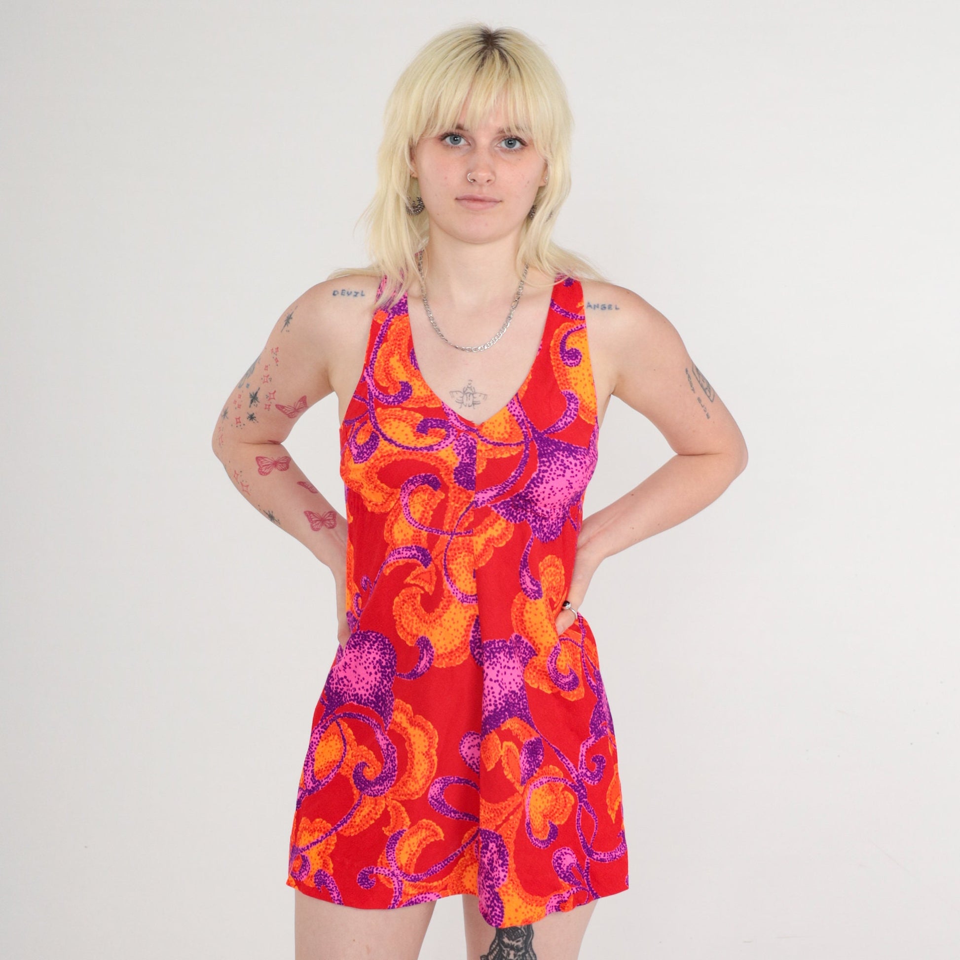 70s Halter Mini Dress Abstract Print Neon Red Empire Waist Sleeveless Extra Small