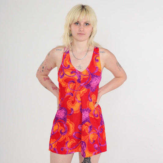 70s Halter Mini Dress Abstract Print Neon Red Empire Waist Sleeveless Extra Small