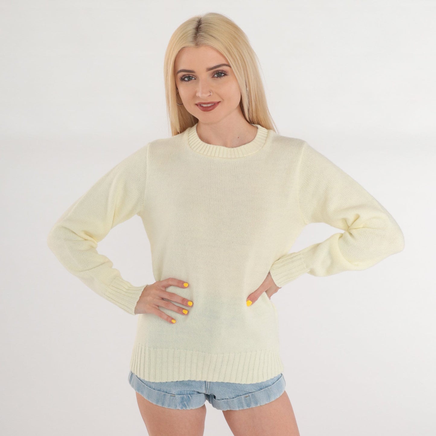 70s Cream Acrylic Knit Crewneck Pullover Sweater Small S