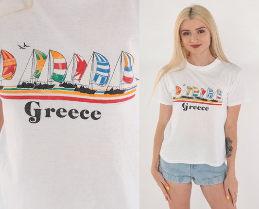 80s Greece Sailboat Graphic T-Shirt White Single Stitch Nautical Tee Extra Small