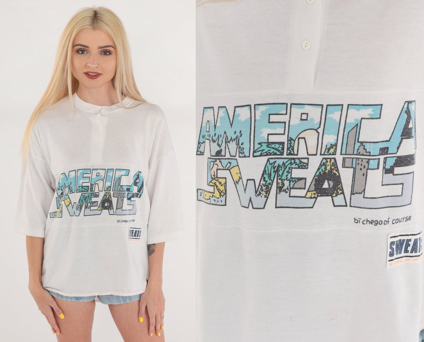 80s America Sweats Bichego Henley T-Shirt White Graphic Logo Medium