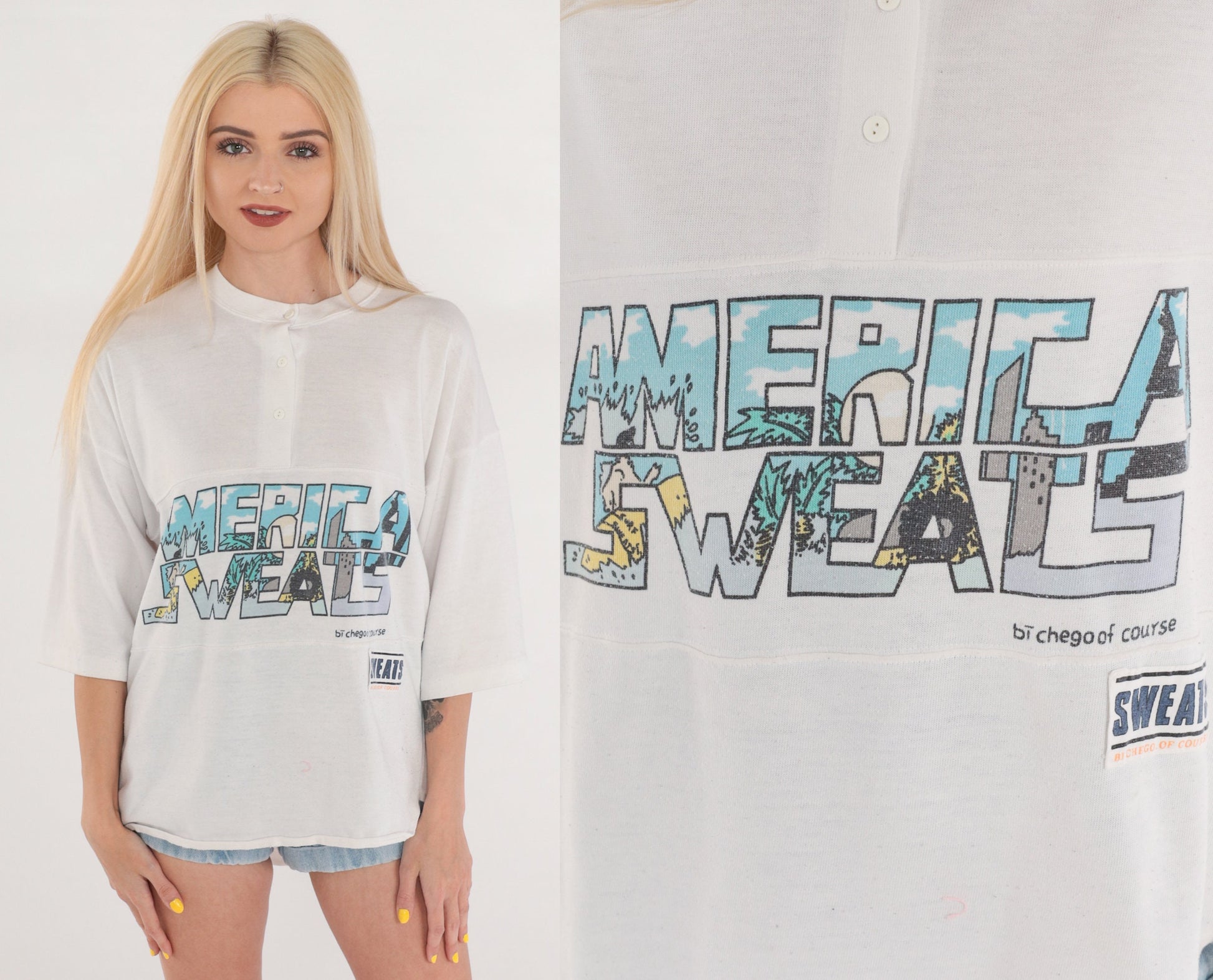 80s America Sweats Bichego Henley T-Shirt White Graphic Logo Medium