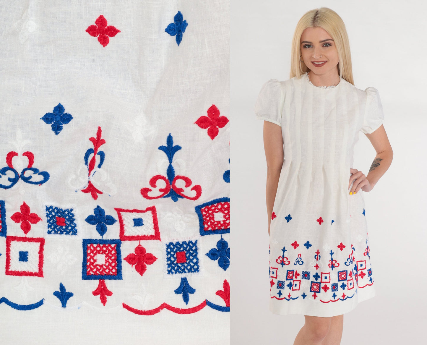 1960s White Puff Sleeve Mini Dress Embroidered Red Blue Lace Trim Small