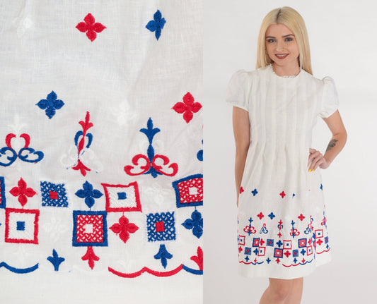1960s White Puff Sleeve Mini Dress Embroidered Red Blue Lace Trim Small