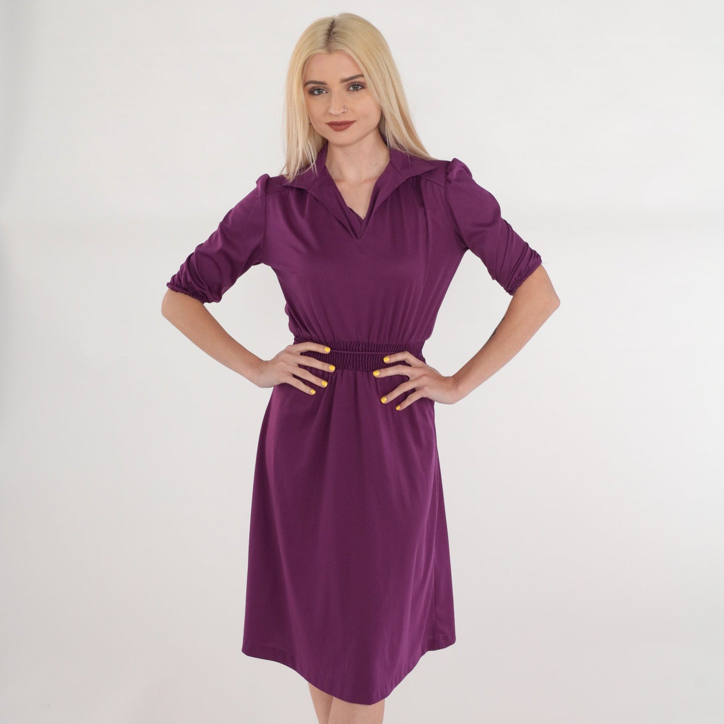 70s Purple Midi Dress Puff Sleeve Collared V-Neck Smocked Waist XS