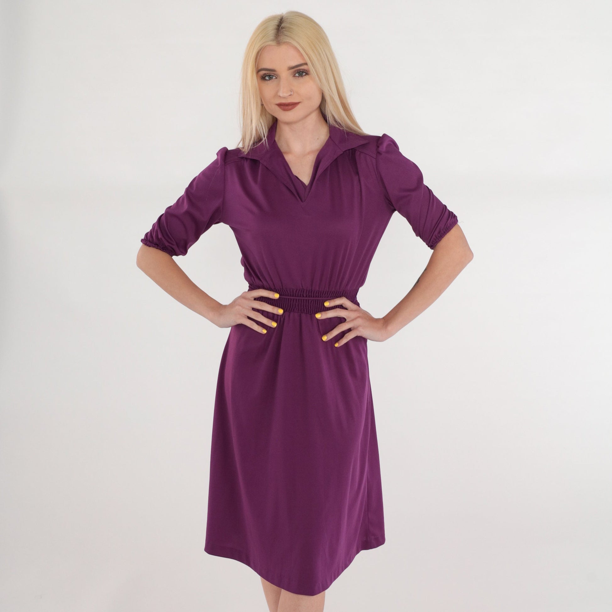 70s Purple Midi Dress Puff Sleeve Collared V-Neck Smocked Waist XS