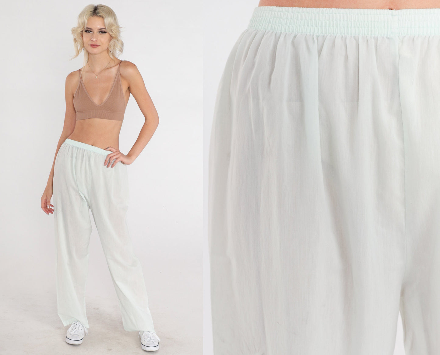 80s Mint Tapered High-Waist Pants Cotton Blend Semi-Sheer Small Medium