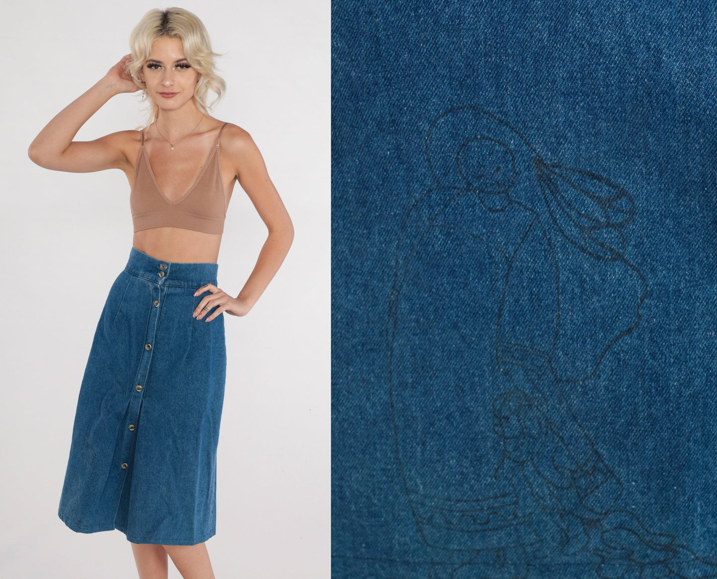 90s Luskys Denim Midi Skirt Blue High Waisted Button Front A-Line Extra Small