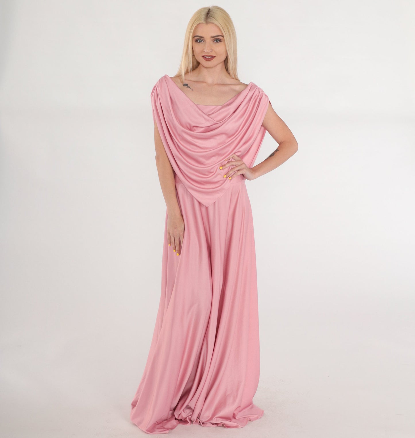 70s Pink Grecian Maxi Dress Off-Shoulder Draped Gown Medium Tall