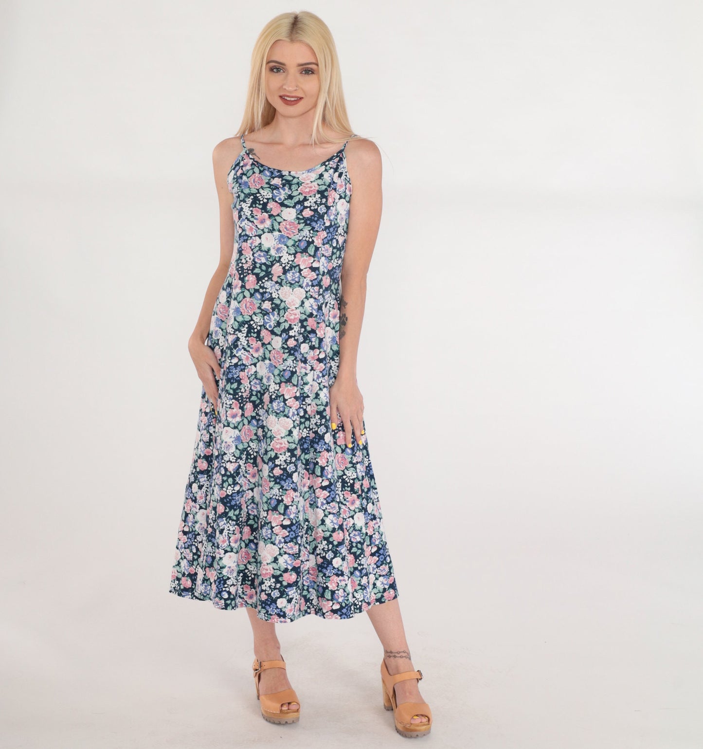 90s Navy Floral Midi Sundress Sleeveless Empire Waist Spaghetti Strap Medium M