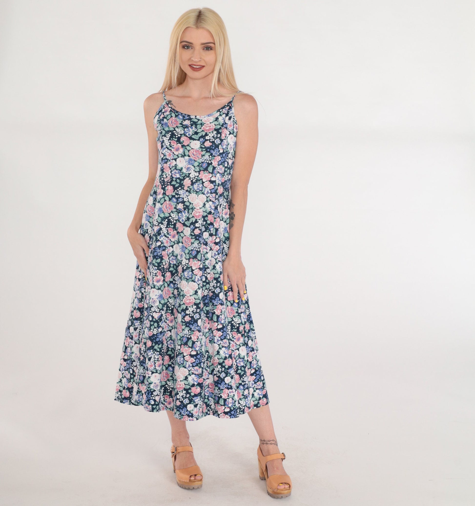 90s Navy Floral Midi Sundress Sleeveless Empire Waist Spaghetti Strap Medium M