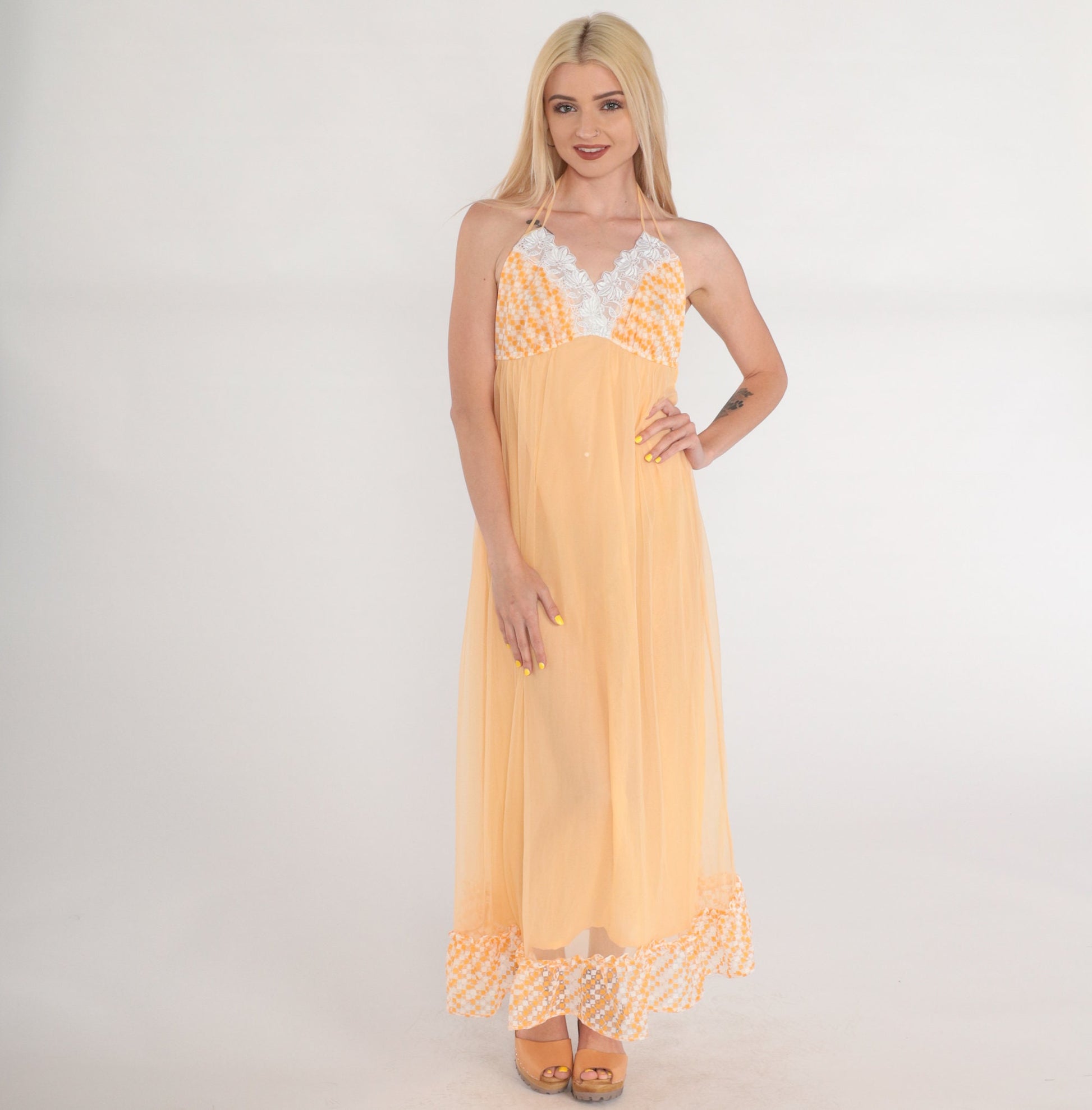 70s Orange Halter Maxi Slip Dress Empire Waist Lace Trim Small