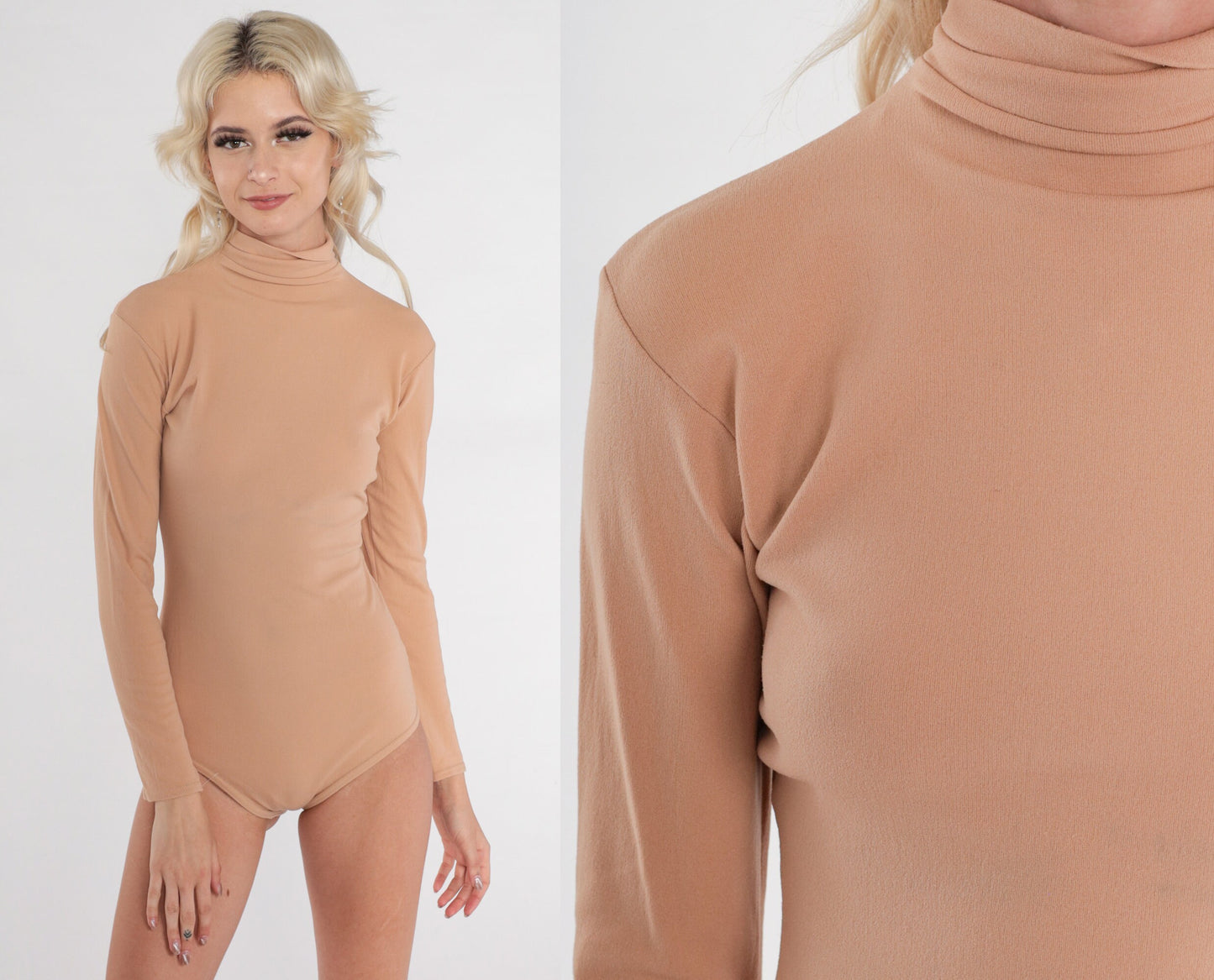 70s Beige Turtleneck Bodysuit Long Sleeve Leotard Back Zip Extra Small