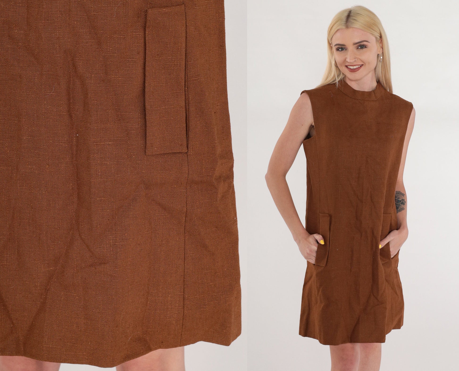 60s Brown Linen Shift Dress Mock Neck Mini Sleeveless Pockets Small