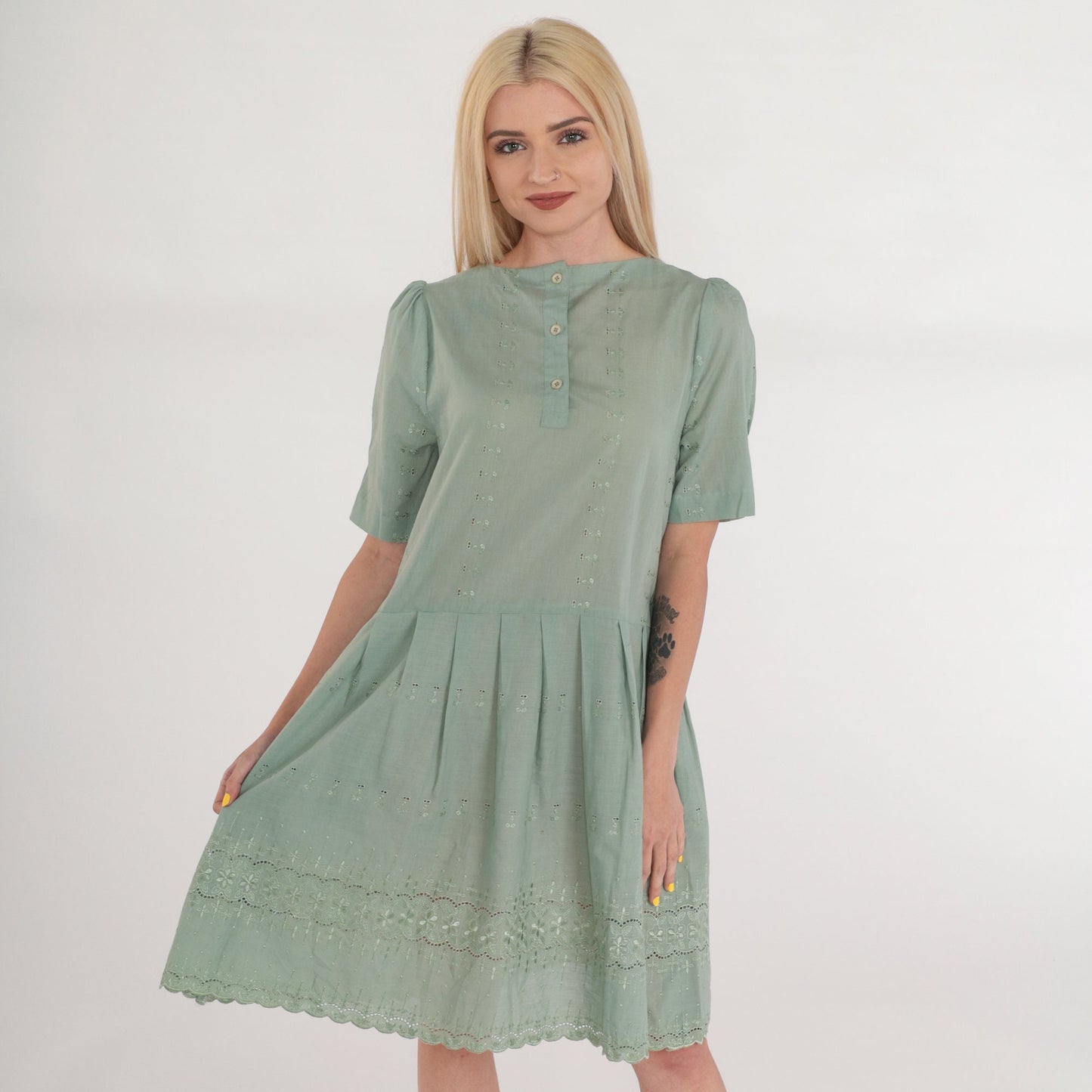 Y2K Green Floral Embroidered Mini Dress Puff Sleeve Criss Cross Back Small