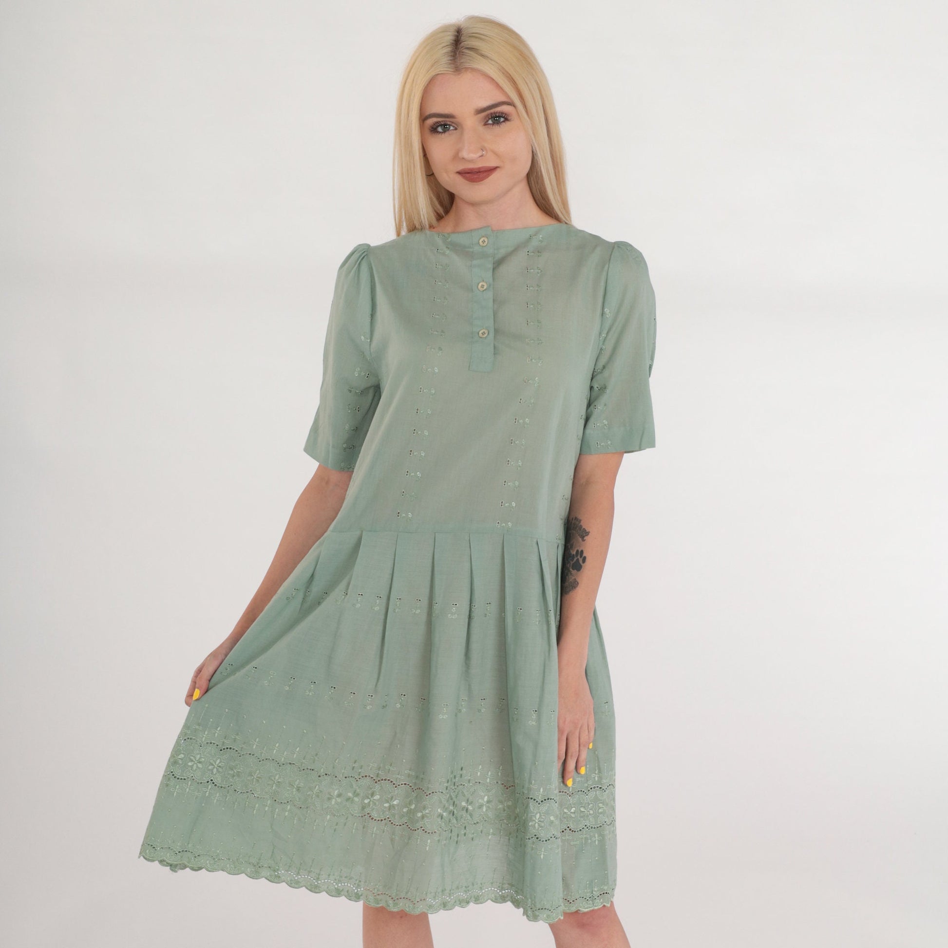 Y2K Green Floral Embroidered Mini Dress Puff Sleeve Criss Cross Back Small