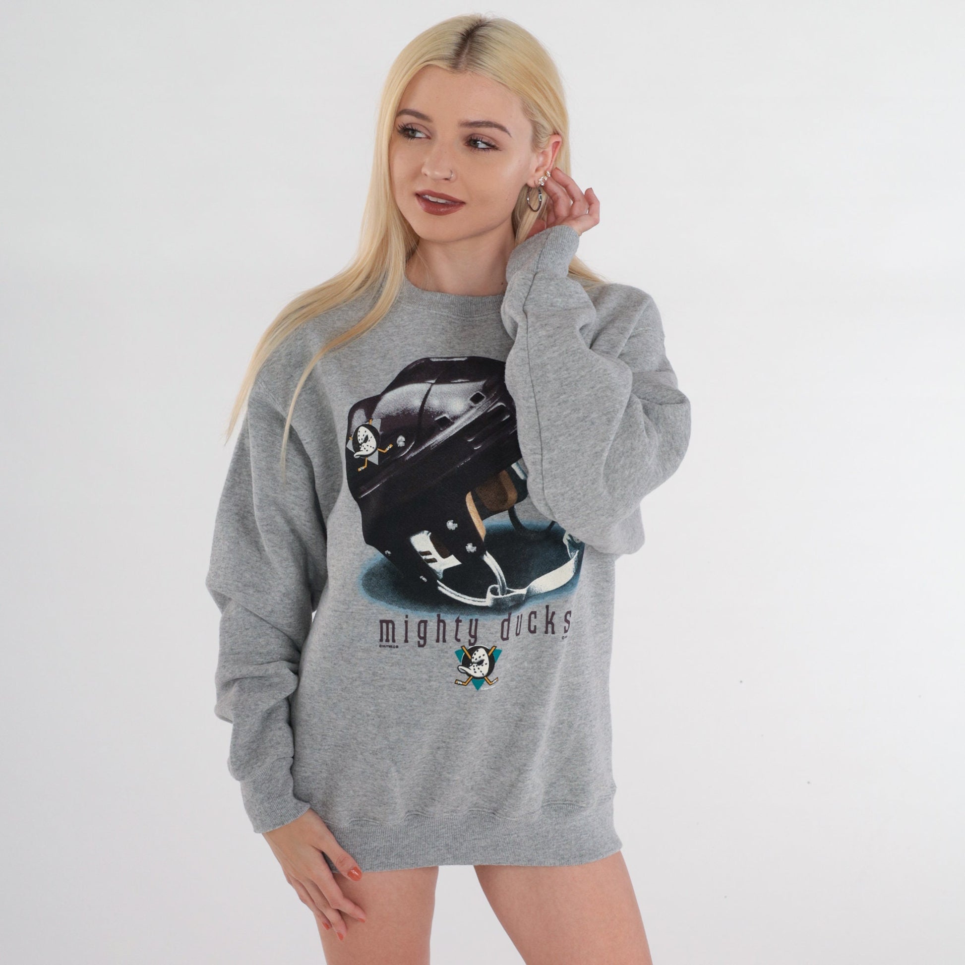 90s Mighty Ducks Anaheim NHL Hockey Sweatshirt Grey Graphic Crewneck Extra Large